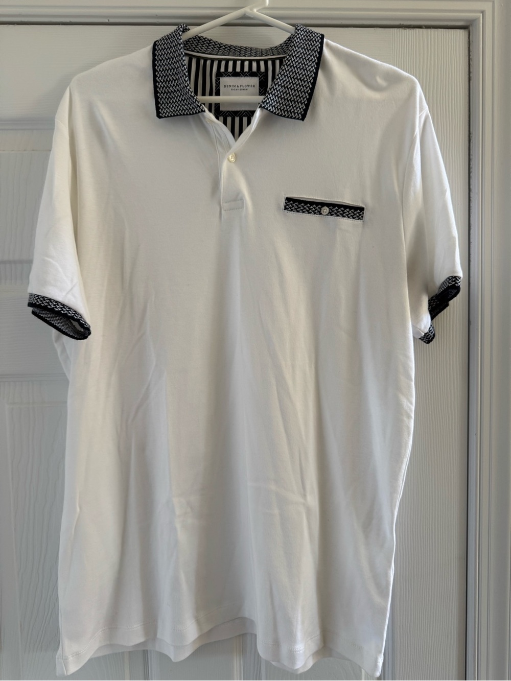 Denim & Flower White Polo with Black Trim